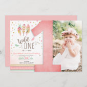 Invitation Wild One Birthday Girl Rose Gold 1st Boho Feathers (Devant / Derrière)