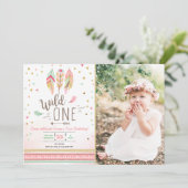 Invitation Wild one Birthday Girl Rose Gold 1st Boho Feathers (Debout devant)