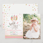 Invitation Wild one Birthday Girl Rose Gold 1st Boho Feathers (Devant / Derrière)
