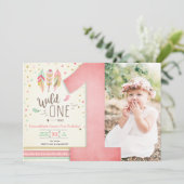 Invitation Wild One Birthday Girl Rose Gold 1st Boho Feathers (Debout devant)