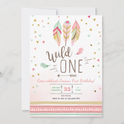 Invitation Wild one Birthday Girl Rose Gold 1st Boho Feathers (Devant)
