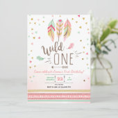 Invitation Wild one Birthday Girl Rose Gold 1st Boho Feathers (Debout devant)