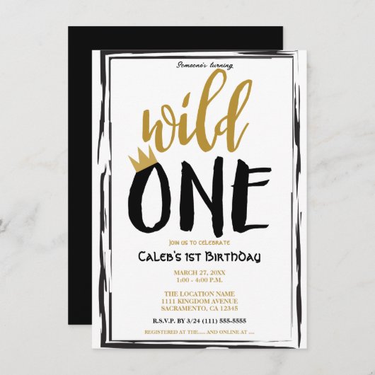Invitation Wild One Black + Gold Photo 1 1er anniversaire (Devant / Derrière)