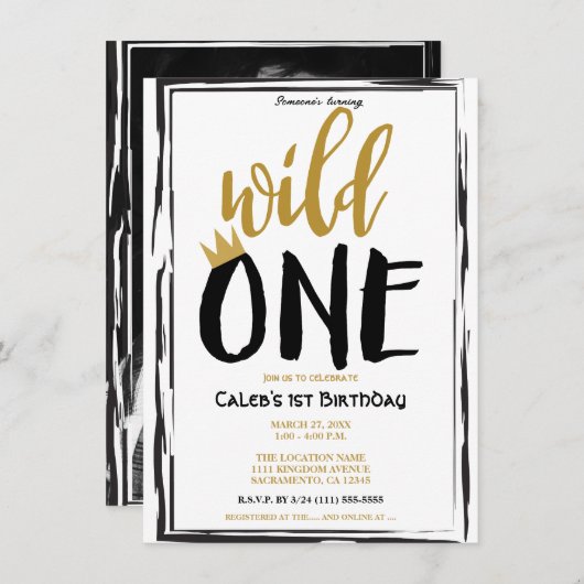 Invitation Wild One Black + Gold Photo 1 1er anniversaire (Devant / Derrière)