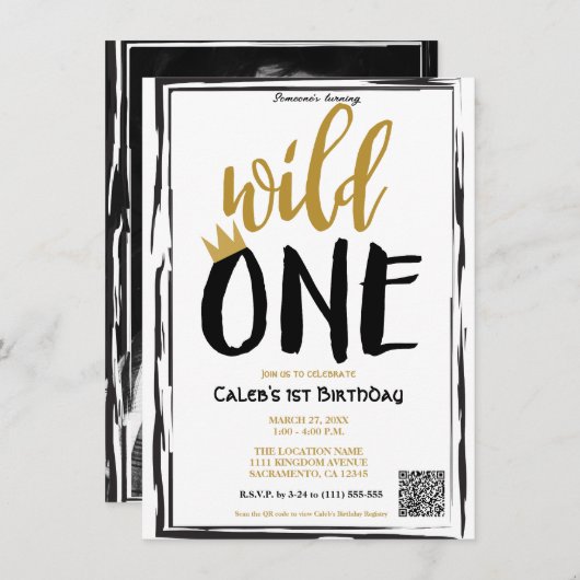 Invitation Wild One Black + Gold Photo 1 1er Anniversaire Cod (Devant / Derrière)