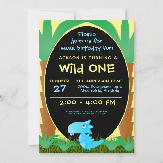 Invitation Wild ONE Blue Dinosaur Garçon 1er anniversaire (Devant)