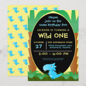 Invitation Wild ONE Blue Dinosaur Garçon 1er anniversaire (Devant / Derrière)