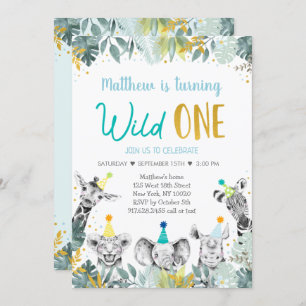 Invitation Wild One Blue Gold Party Anniversaire animal