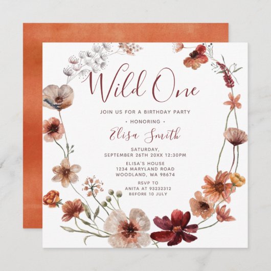 Invitation Wild One Boho Automne Fleur sauvage fête d'anniver (Devant / Derrière)