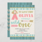 Invitation Wild one boho pink teal 1st first birthday party (Devant / Derrière)