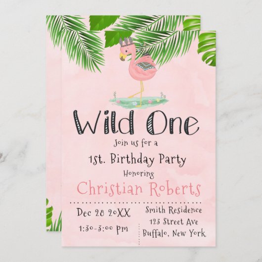 Invitation Wild One Boho rose Flamant rose fête d'anniversair (Devant / Derrière)