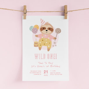 Invitation Wild One Boho Sloth Pink 1er anniversaire