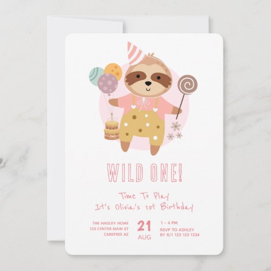 Invitation Wild One Boho Sloth Pink 1er anniversaire (Devant)