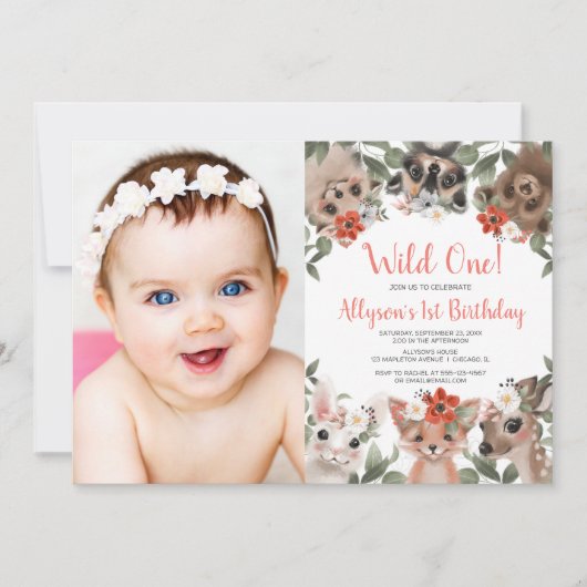 Invitation Wild One Bois animaux filles 1ère photo d'annivers (Devant)