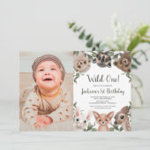 Invitation Wild One boisé animaux garçons 1er anniversaire ph (Debout devant)