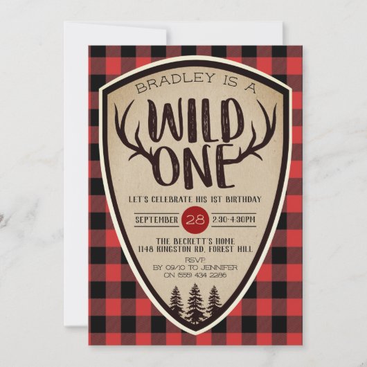 Invitation Wild One Boys Rustic Plaid Lumberjack 1er annivers (Devant)