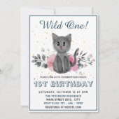 Invitation Wild One - Chat bébé et fleurs 1er anniversaire (Devant)