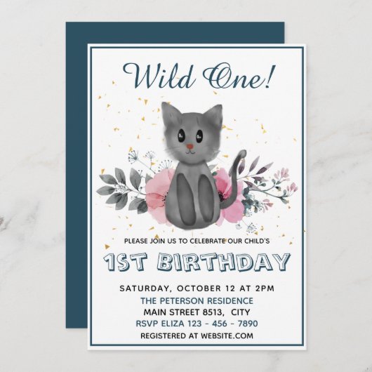 Invitation Wild One - Chat bébé et fleurs 1er anniversaire (Devant / Derrière)