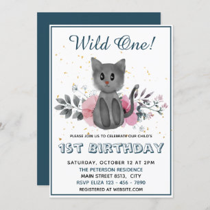 Invitation Wild One - Chat bébé et fleurs 1er anniversaire