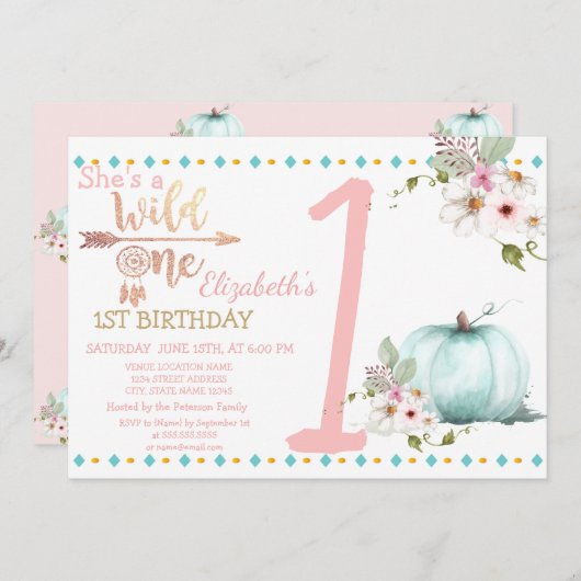 Invitation Wild One, Citrouille, Anniversaire de Boho (Devant / Derrière)