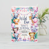 Invitation Wild One Cute Animals Balloon cupcake 1st Birthday (Debout devant)