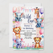 Invitation Wild One Cute Animals Balloon cupcake 1st Birthday (Devant)