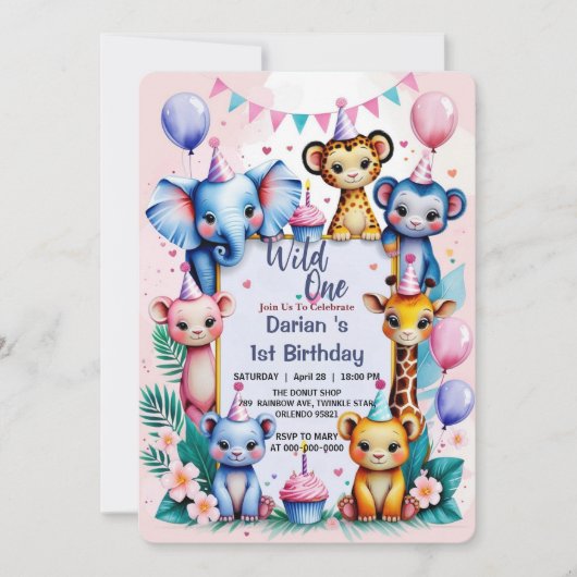 Invitation Wild One Cute Animaux Ballons enfants 1er annivers (Devant)
