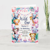 Invitation Wild One Cute Animaux Balloon cupcake 1er annivers (Devant)