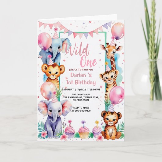 Invitation Wild One Cute Animaux Balloon cupcake 1er annivers (Devant)