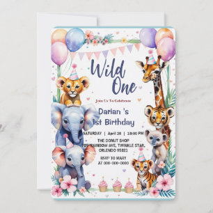 Invitation Wild One Cute Animaux Balloon cupcake 1er annivers