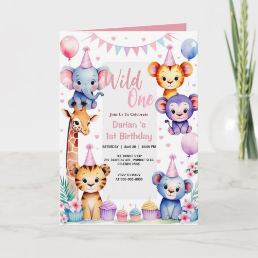 Invitation Wild One Cute Animaux Balloon fille 1er Anniversai (Devant)