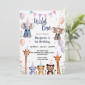 Invitation Wild One Cute Animaux Balloon Garçon 1er Anniversa (Debout devant)