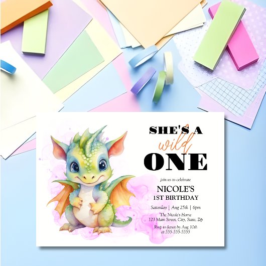 Invitation Wild One Cute Baby Dragon Fairytale 1er Anniversai