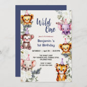 Invitation Wild One Cute flowers 1er anniversaire de l'animal (Devant / Derrière)