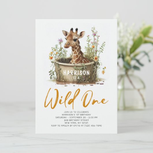 Invitation Wild One Cute Giraffe 1er anniversaire Photo Anima (Debout devant)