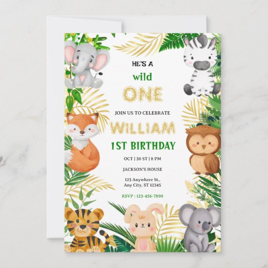 Invitation Wild One Cute Jungle Animal Child's 1st Birthday (Devant)
