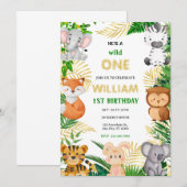 Invitation Wild One Cute Jungle Animal Child's 1st Birthday (Devant / Derrière)