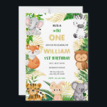 Invitation Wild One Cute Jungle Animal Child's 1st Birthday<br><div class="desc">Wild One Cute Jungle Animal Child's 1st Birthday Invitation
This cute 1st birthday party invitation features an adorable jungle animal border. The clever text reads: (Name) is a wild one.</div>