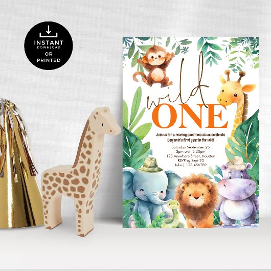 Invitation Wild One Cute Jungle Animaux 1er Anniversaire Fête