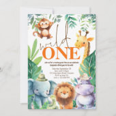 Invitation Wild One Cute Jungle Animaux 1er Anniversaire Fête (Devant)