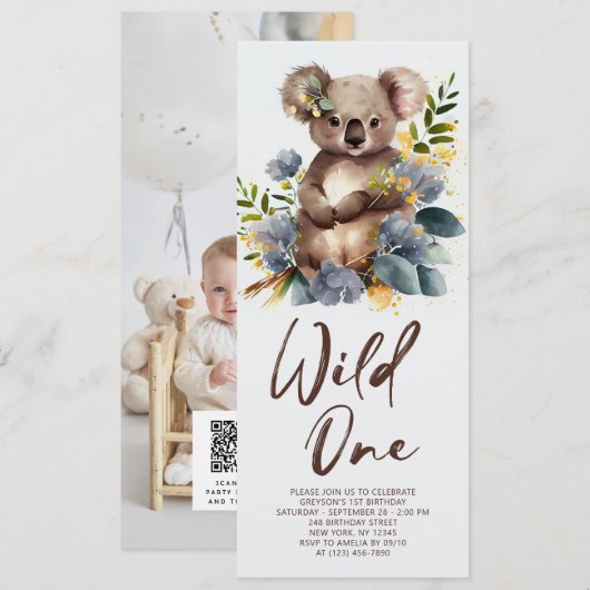 Invitation Wild One Cute Koala 1er Anniversaire Photo Animal (Devant / Derrière)