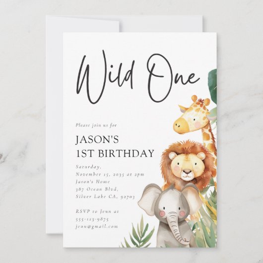 Invitation Wild One Cute Safari Animaux 1er anniversaire (Devant)