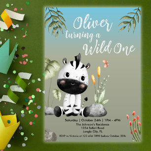 Invitation Wild One Cute Zebra Safari Animaux 1er anniversair