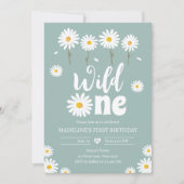 Invitation Wild One Daisy Boho Dusty Blue Girl Premier annive (Devant)