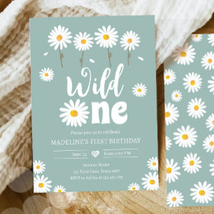 Invitation Wild One Daisy Boho Dusty Blue Girl Premier annive