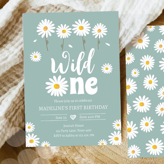 Invitation Wild One Daisy Boho Dusty Blue Girl Premier annive