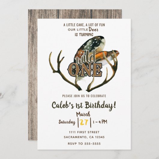 Invitation Wild One Deer Antlers & Feathers Boho 1er annivers (Devant / Derrière)