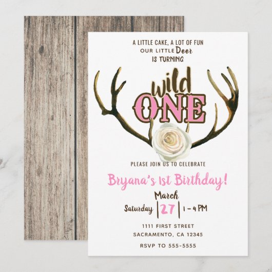 Invitation Wild One Deer Antlers Rose rose 1er anniversaire (Devant / Derrière)