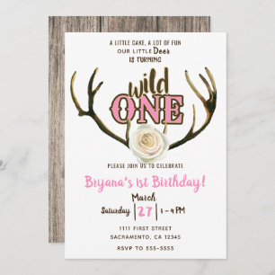 Invitation Wild One Deer Antlers Rose rose 1er anniversaire