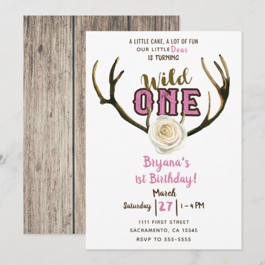Invitation Wild One Deer Antlers Rose rose 1er anniversaire (Devant / Derrière)